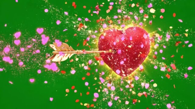 4k animation Cupid's arrow pierce a red heart across the screen isolated on a green screen background for love-themed overlays.