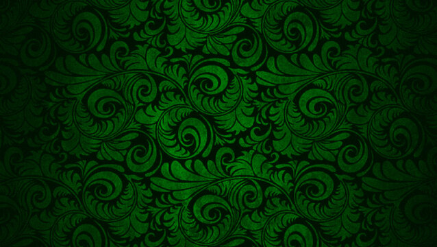 Dark green damask pattern with intricate swirling leaf designs on luxurious fabric background perfect for wallpaper, textile, and design projects