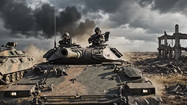 Two tanks with soldiers patrolling in a war-torn city under a dramatic sky.