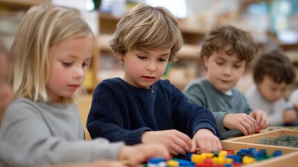 Obraz premium Innovative child education scene featuring curious kids engaging in hands-on learning activities with colorful materials and enthusiastic teachers. A bright classroom filled with engaging displays,