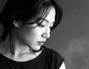 Traurige, einsame, nachdenklich junge Frau schaut betrübt nach unten