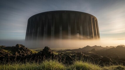 Mysterious structure above field surrounded by mist