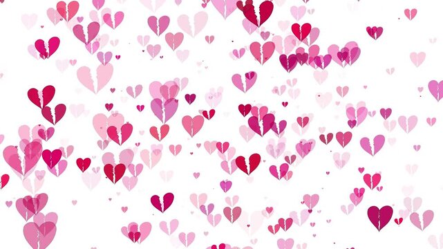 Minimalist Motion Graphics Background Featuring Stylized Broken Hearts In Various Shades Of Pink And Red Floating Across A Pure White Screen, Representing Heartbreak, Relationship Failure, Divorce