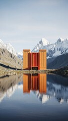 Modern building reflecting in calm lake against snowy mountains