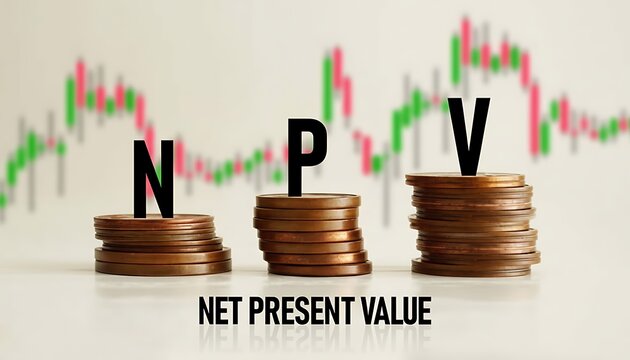 Coins stacked with NPV letters and net present value text, business finance investment concept, cash flow valuation, discount rate analysis, stock market chart background