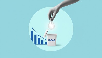 Light bulb held by hand above idea box labeled IDEAS with descending bar chart and line graph, concept of innovation, brainstorming, business decline and solution on blue background