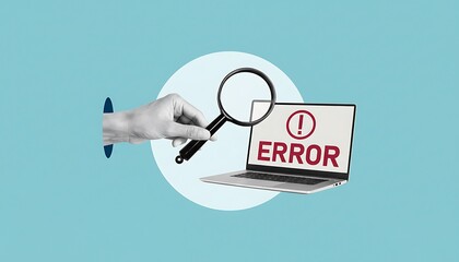 Laptop computer with error warning on screen and magnifying glass held by hand, cyber troubleshooting concept for software bug, diagnostics, support, and security