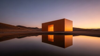 Modern building reflected in still water during sunset