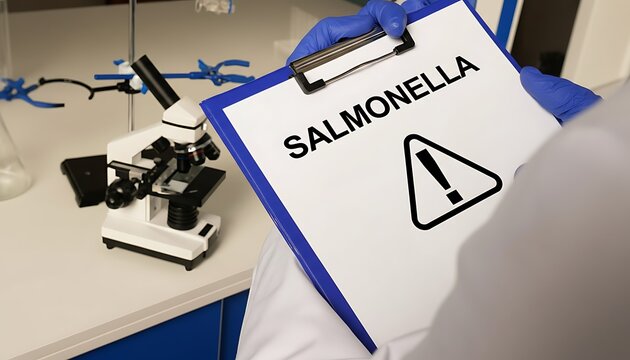 Clipboard salmonella warning sign with alert triangle icon held by gloved laboratory worker beside microscope, concept of foodborne illness testing and contamination risk