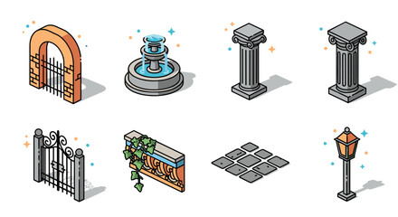 Obraz premium A collection of architectural elements including gates, a fountain, columns, and lampposts in colorful vector style, ideal for landscaping projects