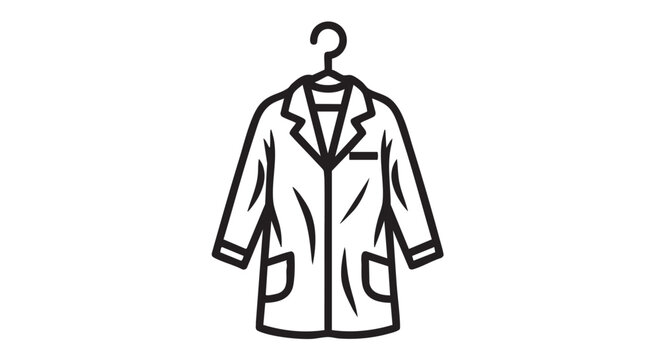 Simple line drawing of a lab coat hanging on a hanger, illustrated in black lines.