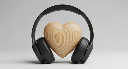Modern black headphones cradling a warm wooden heart, symbolizing love for music and audio experiences