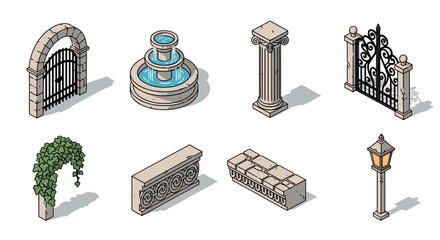 Obraz premium A collection of garden elements including a fountain, gate, columns, and lamps in isometric vector style, ideal for landscape design projects