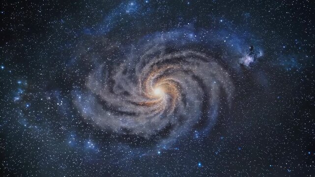 Majestic top-down view of a spiral galaxy rotating slowly with billions of stars.