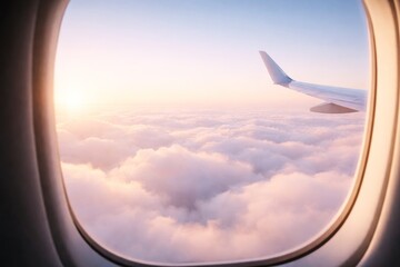 Airplane window view of soft pink clouds at sunrise with wing visible