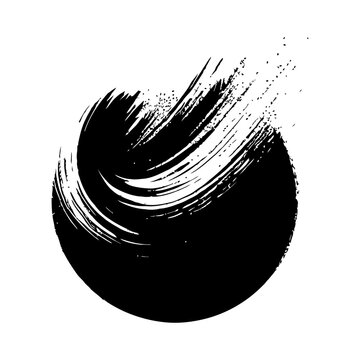 Abstract graphic illustration in the form of a circular wave or vortex, made with bold black brush strokes. Dynamic composition isolated on white background.
