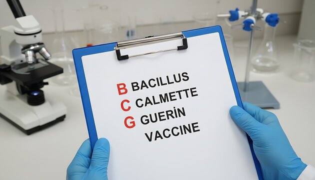 Clipboard showing BCG Bacillus Calmette Guerin vaccine acronym on paper held by gloved hands in medical laboratory with microscope and glassware, healthcare research concept