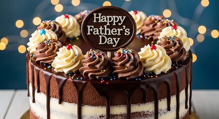 Delicious Father's Day chocolate cake with creamy frosting and colorful sprinkles, a sweet celebration treat.