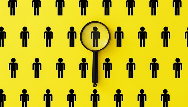Magnifying glass concept highlighting one person icon among many on bright yellow background, recruitment search, HR analytics, target audience selection and identification