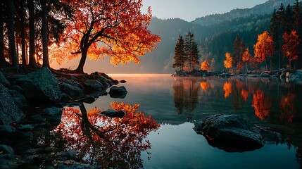 Serene forest pond surrounded by vibrant autumn colors images illustration