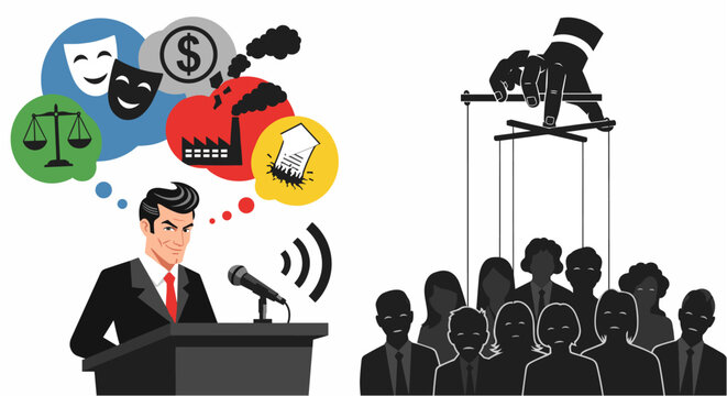 A powerful speaker influences the public with rhetoric, manipulating their thoughts and actions through persuasive communication and control.