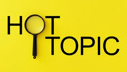 Magnifying glass on hot topic text with bold black letters and bright yellow background featuring trending, popular, discussion with investigation and search elements for discovery, vibrant projects,