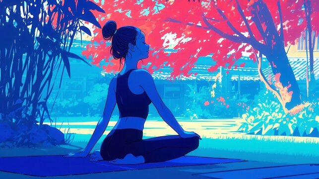 Meditative woman sitting cross-legged, tranquil outdoor setting with vibrant colors, perfect for wellness or relaxation themes.