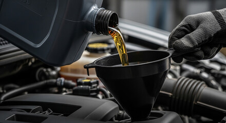 mechanic pouring fresh motor oil into car engine close up oil change service in garage concept automotive maintenance, car repair