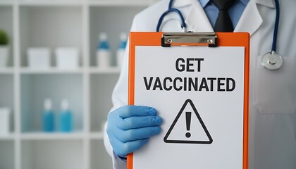 Clipboard vaccination warning sign with get vaccinated message held by doctor in medical clinic, blue gloves and stethoscope, public health awareness concept background