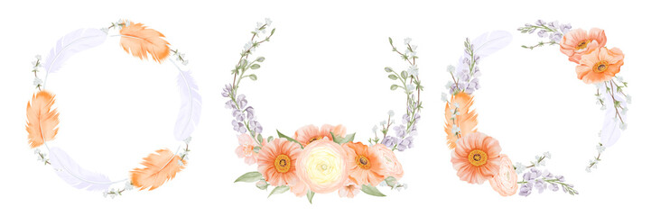 Fototapeta premium Spring flowers and feathers wreath in pastel colors. Iceland Poppies, Ranunculus, Freesia and Snow willow branches. Circle frame, border. Watercolor hand drawn illustration isolated on a white