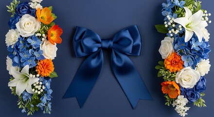 Elegant navy blue satin bow centered between two lush floral arrangements of white roses, lilies, and orange flowers.