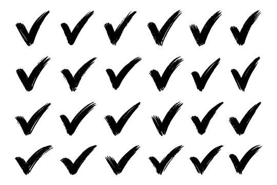 Collection of black brush stroke check marks in rows on white background.