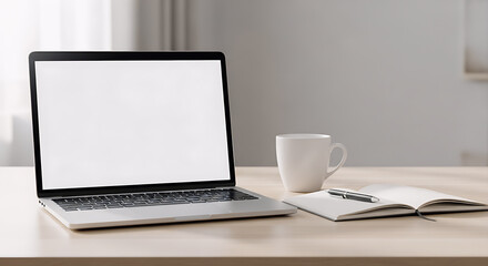 Fototapeta premium Minimal home office workspace with laptop, coffee mug and notebook. Clean productivity concept ideal for remote work and business themes.