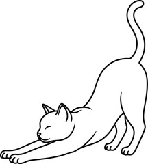 A simple black and white drawing of a cat stretching its body. © SHIRIN