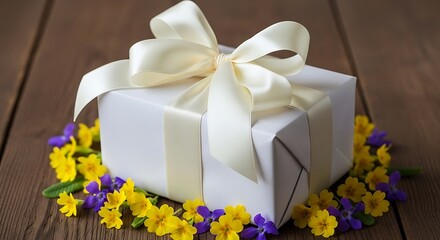 White gift box with a soft cream satin ribbon tied around it, surrounded by a vibrant circle of yellow and purple flowers.