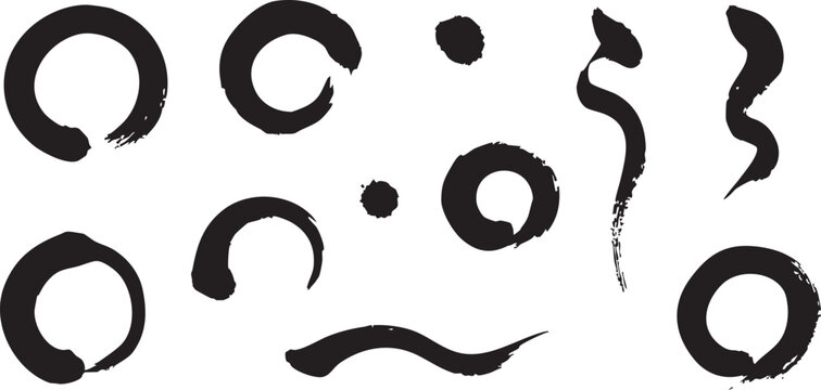Collection of various black ink brush strokes including incomplete circles and flowing abstract elements