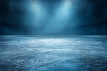 Fototapeta premium Empty ice rink under dramatic blue spotlight in dark arena,Frozen ice surface illuminated by stage lights,Cold textured ice floor with moody lighting,Smooth frozen ice arena