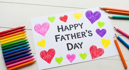 Hand-drawn Father's Day card with colorful hearts and pencils, a heartfelt message from child to dad.