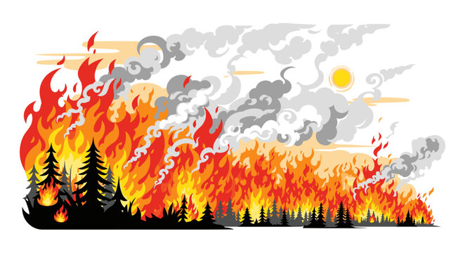 Dramatic vector illustration depicting a destructive forest fire with towering flames and thick smoke engulfing a dense pine tree landscape under a smoky yellow sky.