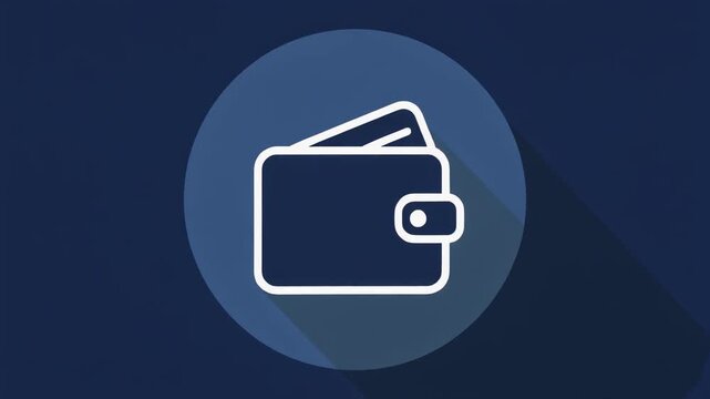 Firefly White line wallet icon with card detail, minimal outline vector, centered in dark blue circu.mp4_preview