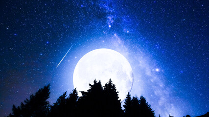 Blue hour time with lunar eclipse, stars and planets above landscape silhouettes. © astrosystem