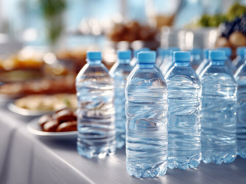 Multiple plastic water bottles without labels standing on metal buffet table. Clear bottles with white caps arranged in rows, reflective surface, warm indoor light and blurred food trays in background