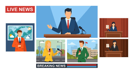 Fototapeta premium A comprehensive visual representation of various news reporting scenarios, including live broadcasts, weather forecasts, and field reporting, highlighting the dynamic world of journalism and media