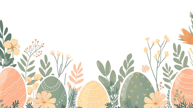 Pastel Easter Eggs and Flowers Bottom Border Illustration with Large Copy Space for Text