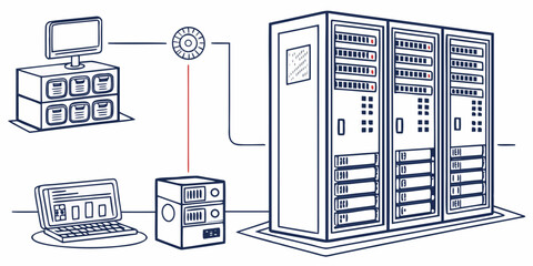 A detailed illustration of a network setup with servers and connected devices © Mamun