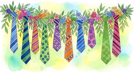 Colorful watercolor illustration of various ties adorned with flowers and greenery, celebrating Father's Day.