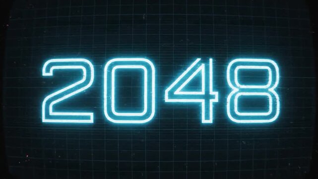 Neon blue number 2048 with digital glitch effect on a retro screen background.