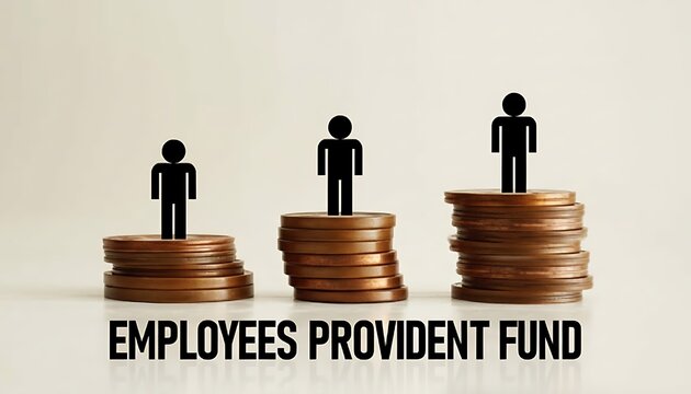 Employees provident fund concept with people icons standing on stacked coins, retirement savings and pension investment growth, financial planning for workers on clean background