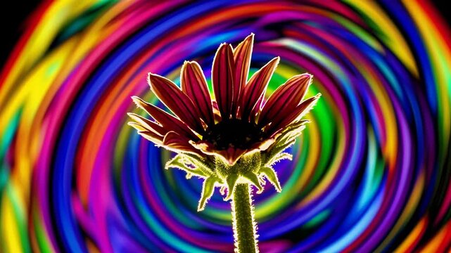 Silhouette of a flower bud against a vibrant, swirling rainbow background. Low-angle shot creates a dynamic, psychedelic video effect. Live desktop wallpaper.