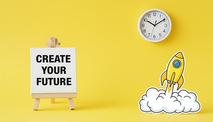 Poster motivational quote Create Your Future on small wooden easel with wall clock and rocket launch sticker on yellow background, startup growth and time concept